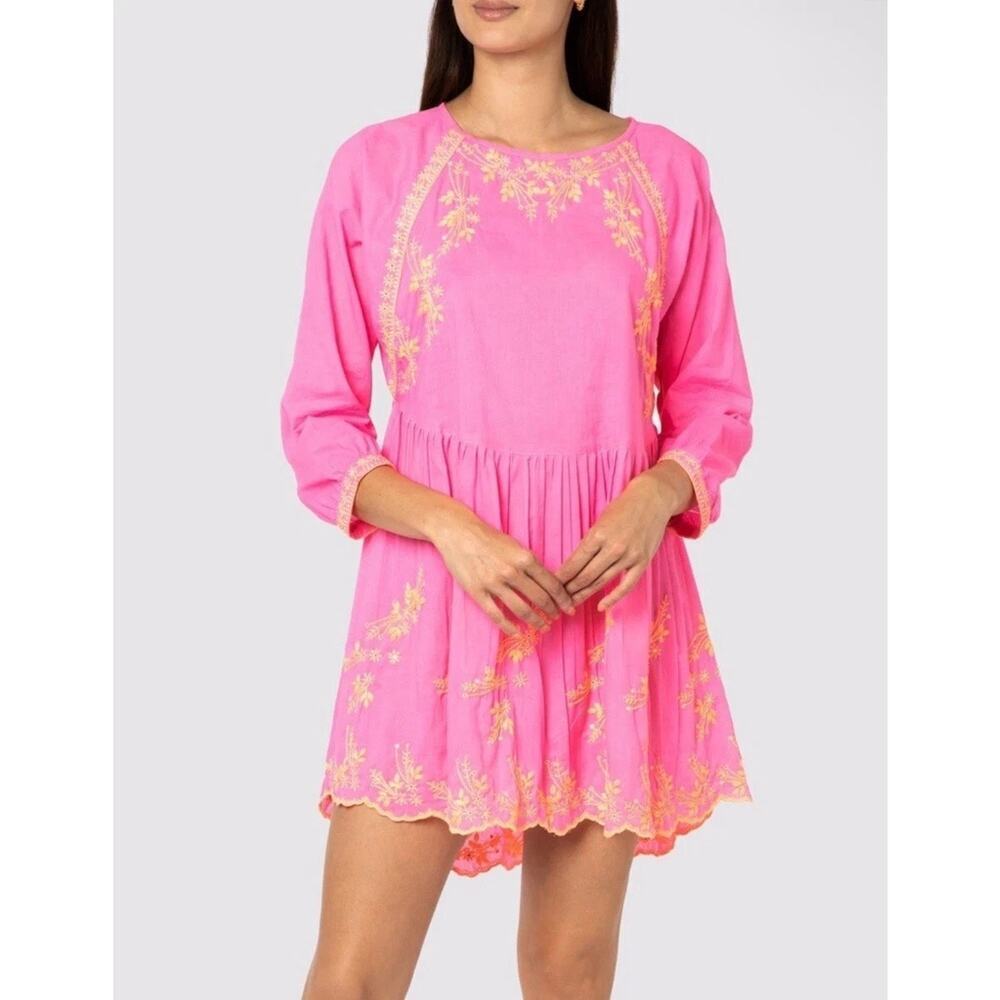 JULIET DUNN Sugar Pink Neon Orange Embroidered Batwing Dress Size L NWT
